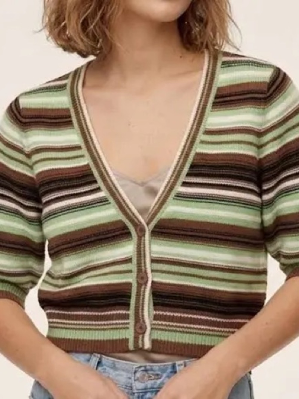 Aritzia Striped V-Neck Cropped Cardigan in Mint Green and Brown